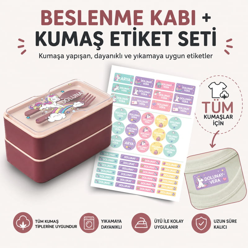 İlkokul Özel İsimli Beslenme Kabı - Sticker ve Kumaş Baskı Etiketi Seçenekli