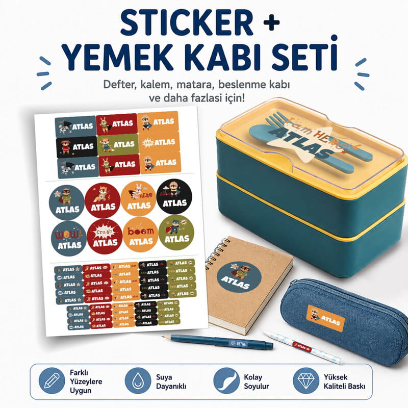 İlkokul Özel İsimli Beslenme Kabı - Sticker ve Kumaş Baskı Etiketi Seçenekli