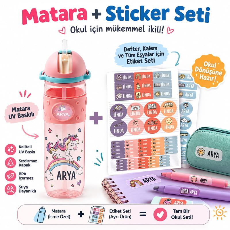 İsme Özel Okul Seti - Matara - Sticker ve Kumaş Baskı Etiketi Seçenekli