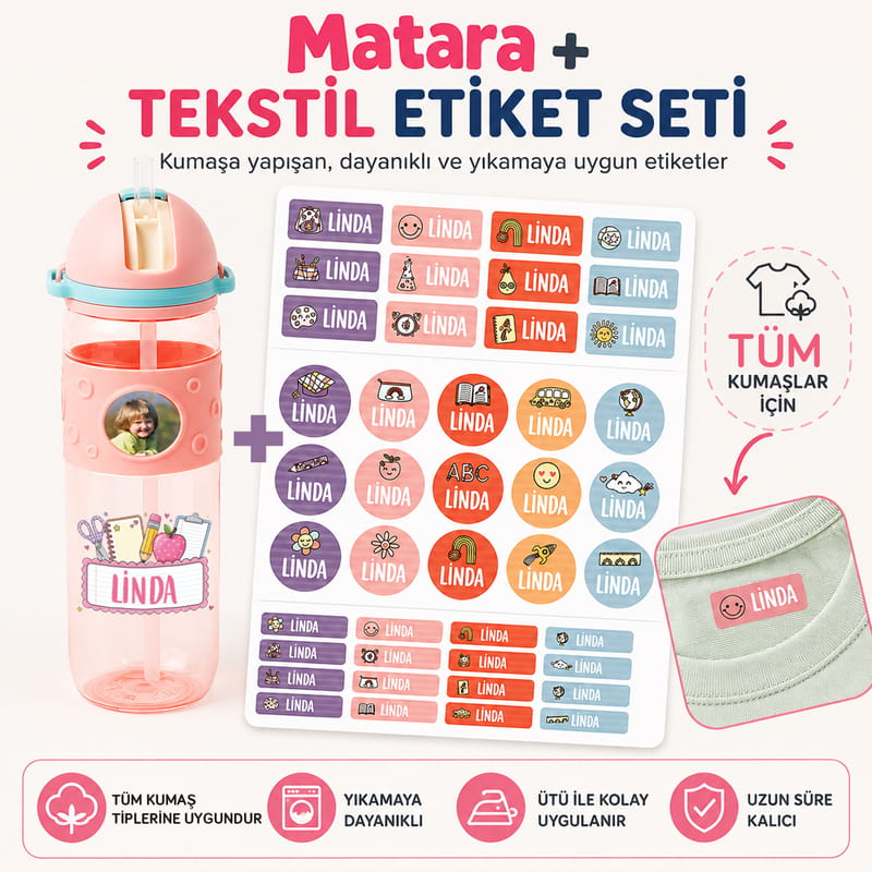 İsme Özel Okul Seti - Matara - Sticker ve Kumaş Baskı Etiketi Seçenekli