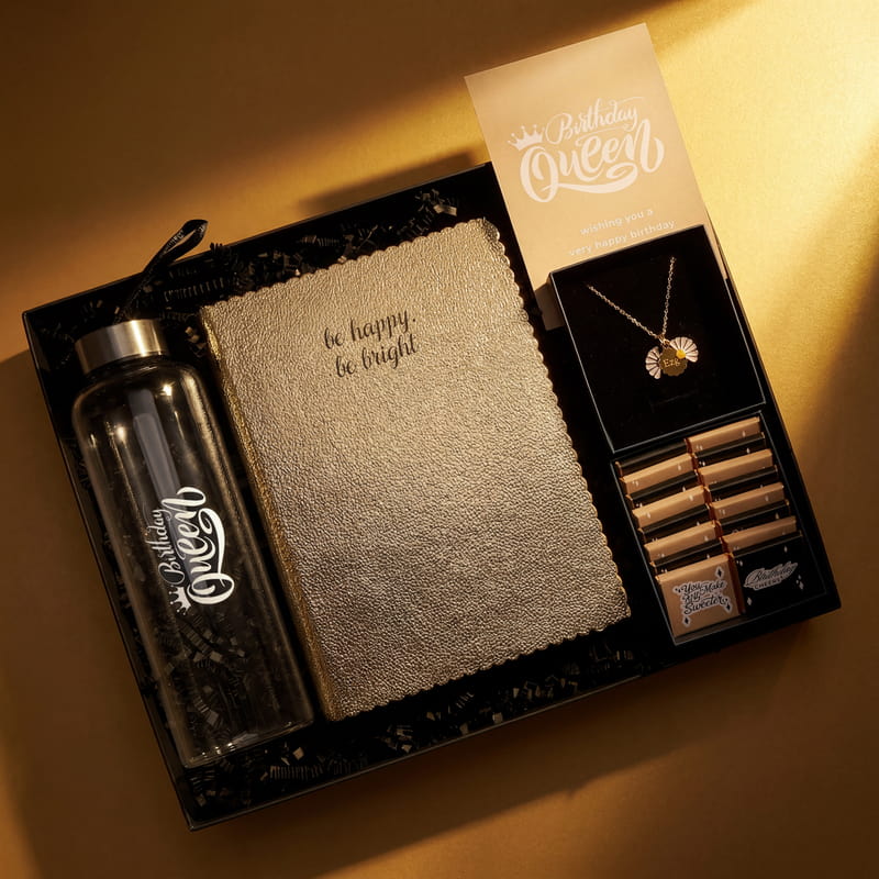 İsme Özel Papatya Kolyeli Gold Queen Doğum Günü Hediye Kutusu