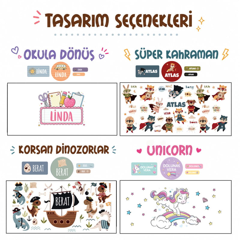 İsme Özel Suluk, Beslenme Kabı, Sticker ve Kumaş İsim Etiketi - 4'lü Set