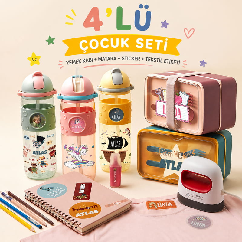 İsme Özel Suluk, Beslenme Kabı, Sticker ve Kumaş İsim Etiketi - 4'lü Set