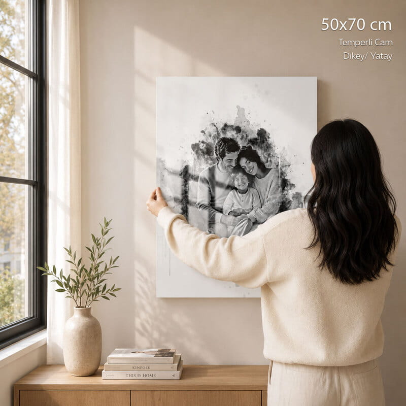 Karakalem Efektli Kişiye Özel 50x70 cm Temperli Cam Tablo