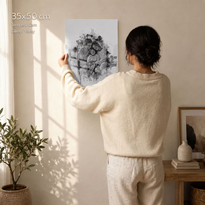 Karakalem Fotoğraflı Cam Tablo - 35x50 cm
