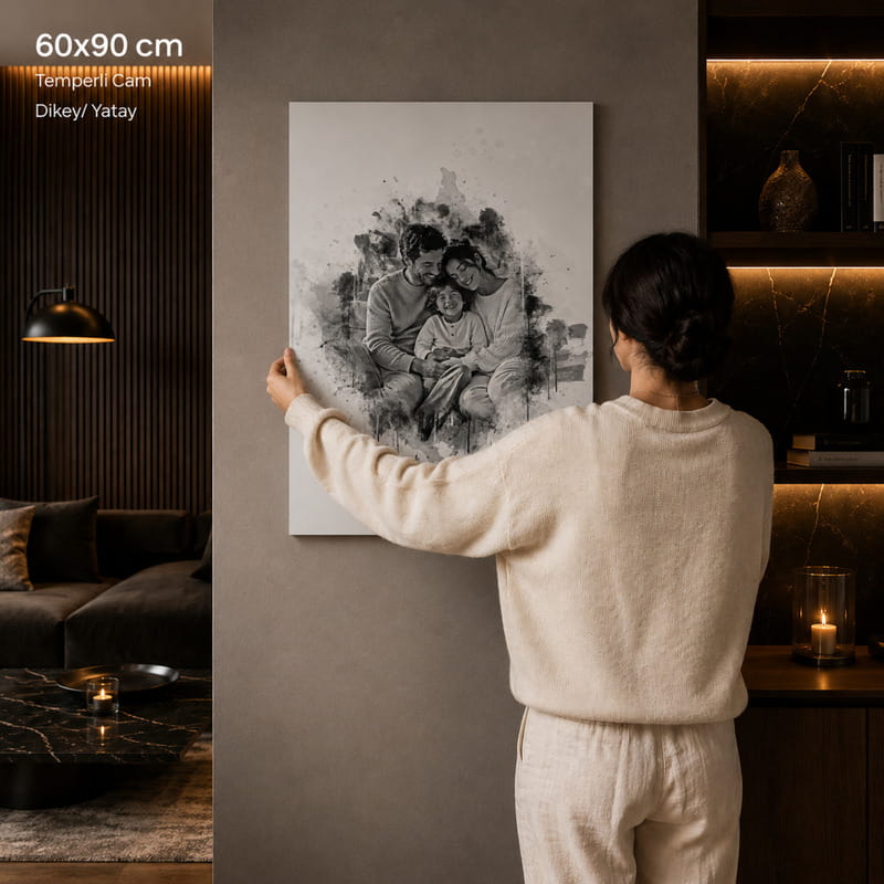 Karakalem Tasarımlı Kişiye Özel Cam Tablo - 60x90 cm