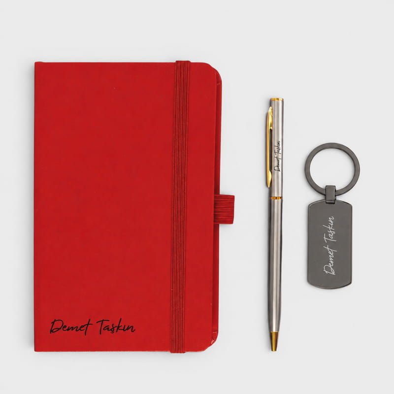 Kişiye Özel Kırmızı Şık Kutulu Defter Kalem Anahtarlık Seti