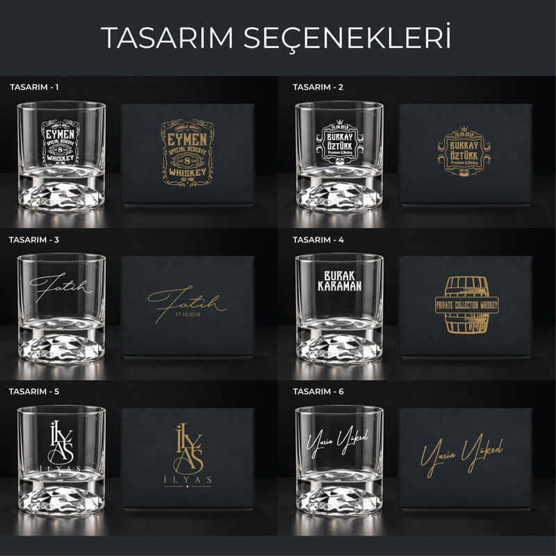 Kişiye Özel Kristal Tabanlı Viski Kadehi Seti - Kutu & Kadeh Tasarım Seçenekli