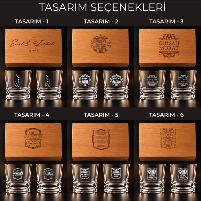 Sevgili İsimler 2'li Ahşap Kutusunda Viski Bardağı Seti