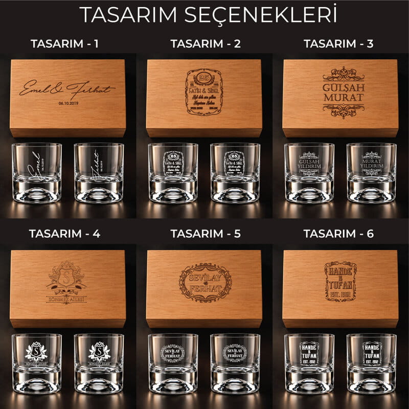 Sevgiliye Hediye 2'li Viski Kadehi Seti - Ahşap Kutusunda Tasarım Seçenekli