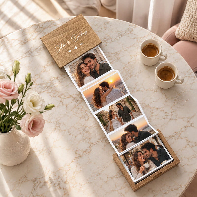 Sevgiliye Özel Ahşap Akordiyon Fotoğraf Kutusu - Tasarım Seçenekli