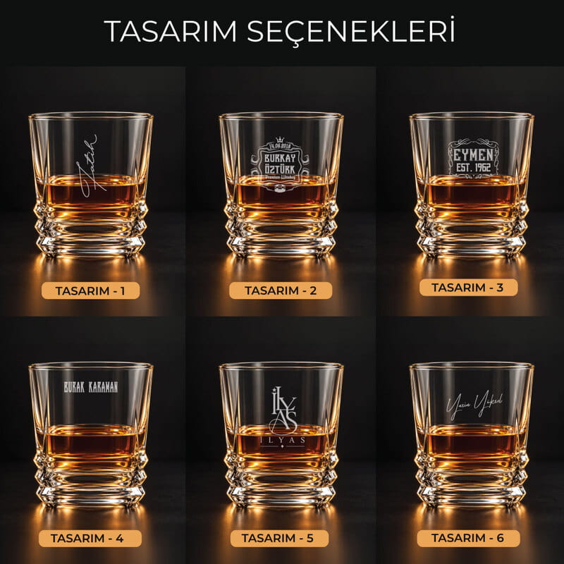 Tasarım Seçenekli İsme Özel Viski Kadehi Seti - Soğutma Taşı Hediyeli