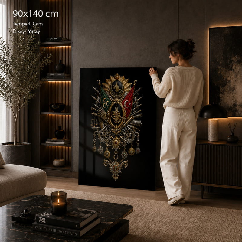 Tuğra Desenli Allah Lafzı Büyük Cam Tablo - 90x140 cm