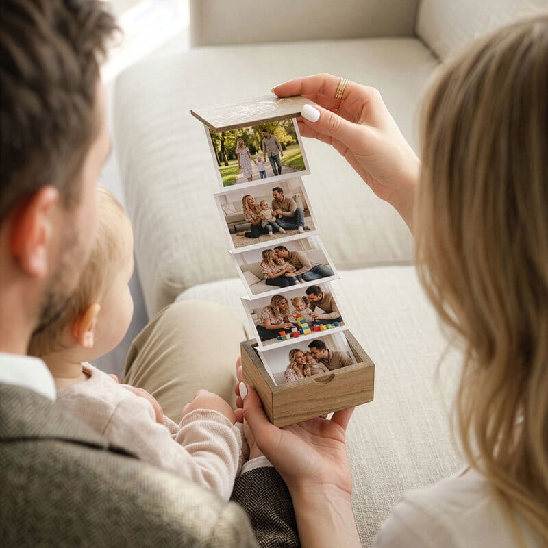 Unutulmaz Anlarımız Ahşap Akordiyon Fotoğraf Kutusu - Tasarım Seçenekli