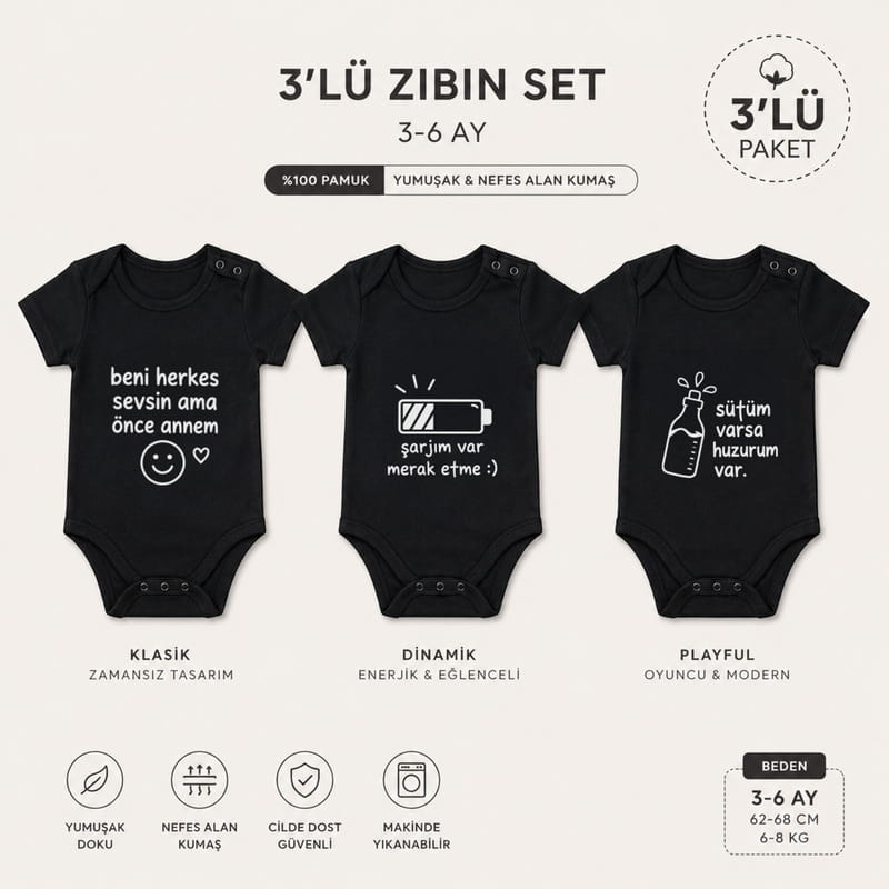 Yeni Doğan Esprili Siyah 3lü Bebek Body Seti - 3 - 6 Ay