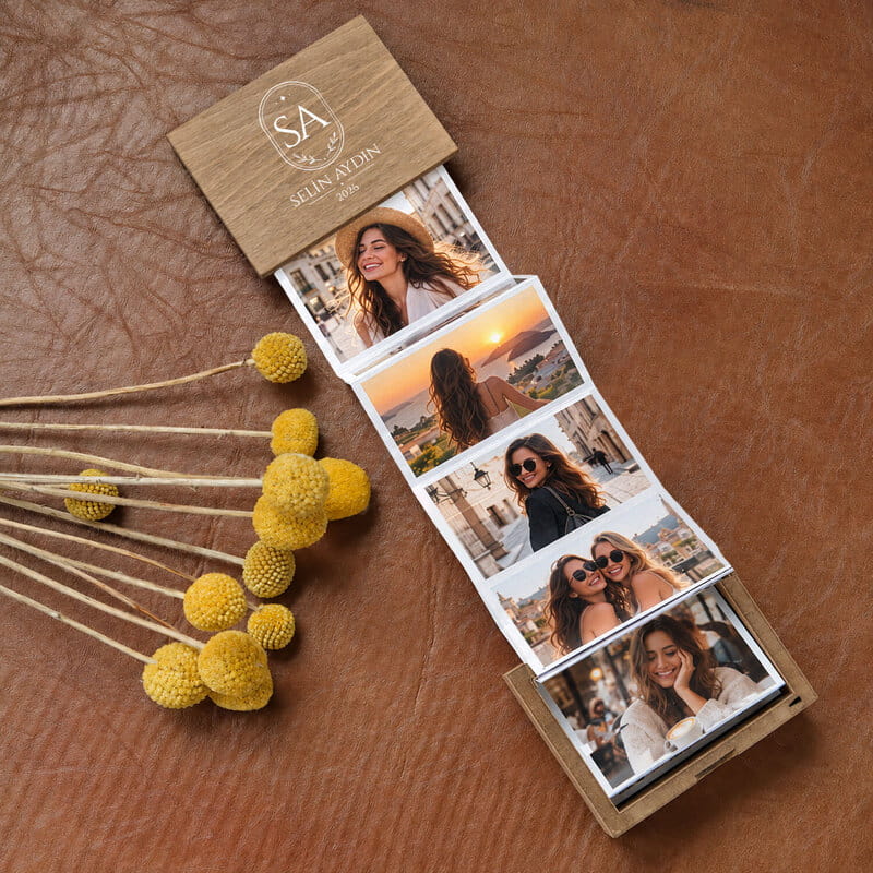 Zamana Sığmayan Anılar Ahşap Akordiyon Fotoğraf Kutusu - Tasarım Seçenekli