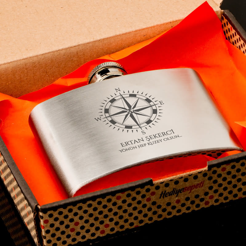 Kişiye Özel Pusula Tasarımlı Çelik Kanyak Matarası