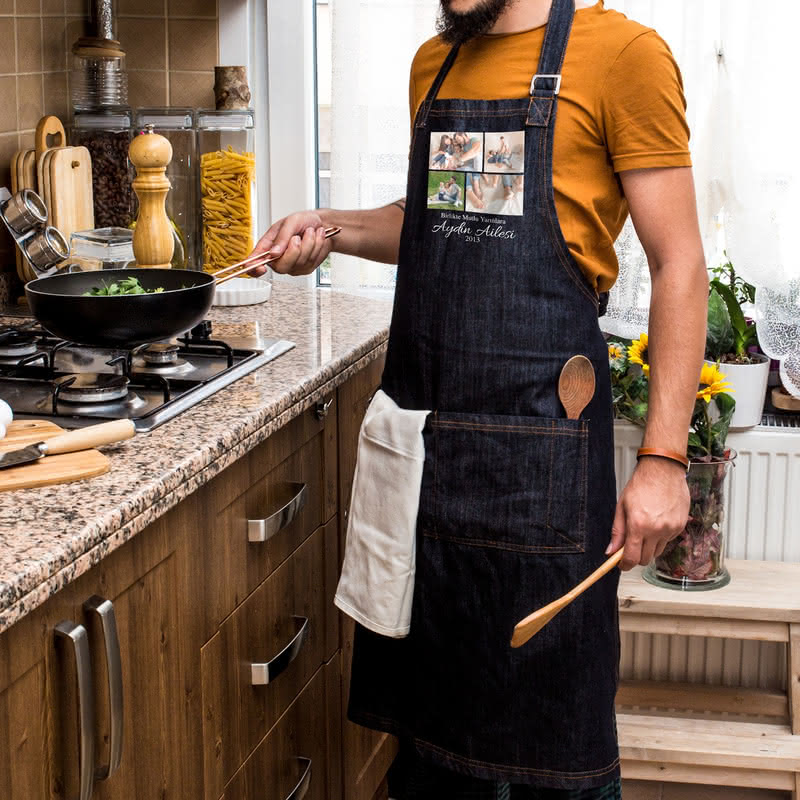 Yeni Ev Hediyesi Fotoğraf Baskılı Kot Mutfak Önlüğü Hediye Sepeti