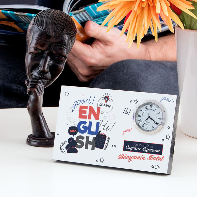 İngilizce Öğretmenine Hediye Mesaj Yazılı Saatli Çerçeve