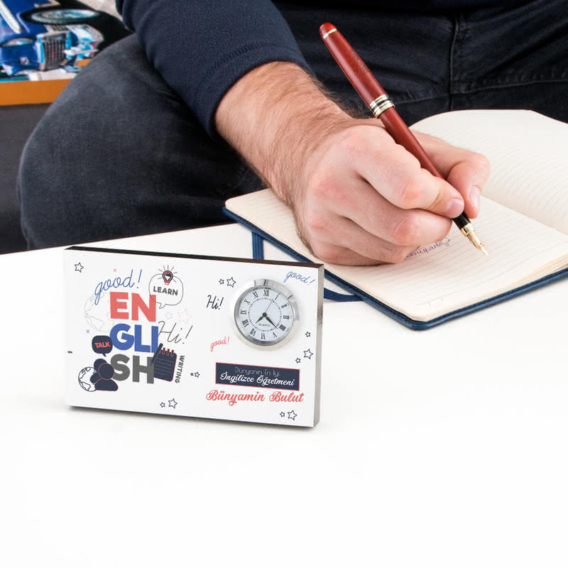İngilizce Öğretmenine Hediye Mesaj Yazılı Saatli Çerçeve