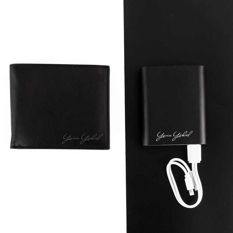 İsme Özel 10.000 mAH Powerbank ve Cüzdan Hediye Seti - Hakiki Deri