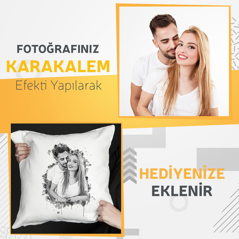 Karakalem Tasarımlı Fotoğraf Baskılı Yastık