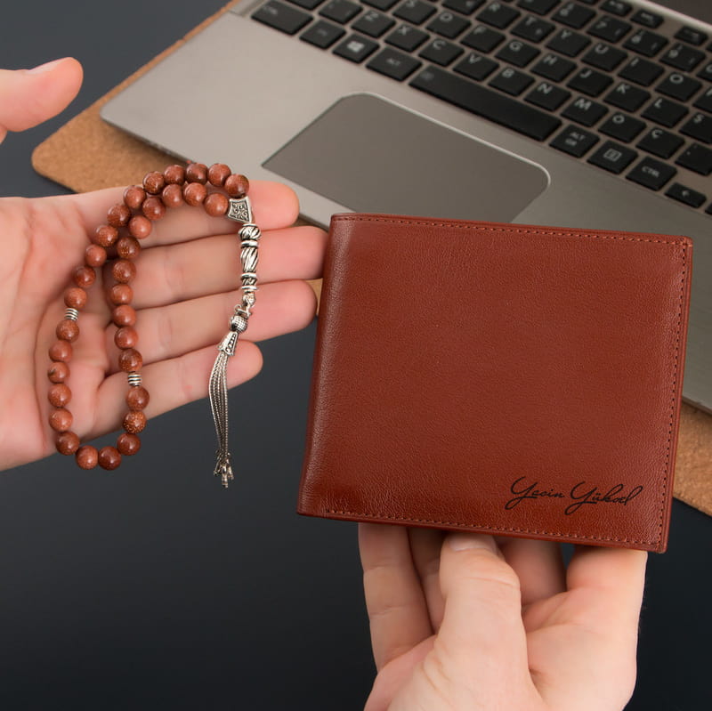 Özel Kutusunda İsimli Cüzdan Tesbih Seti - Hakiki Deri