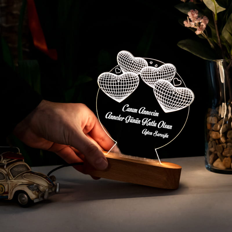 Anneye Hediye İsim ve Mesaj Yazılı 3 Boyutlu Led Lamba