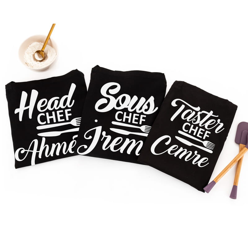 İsme Özel Üçlü Aile Mutfak Önlüğü Kombini