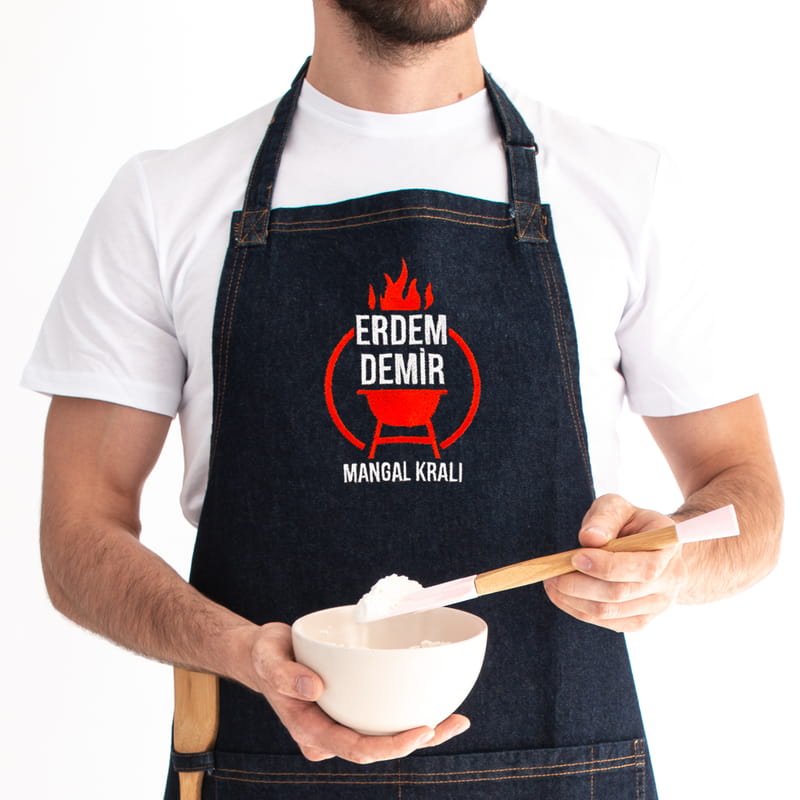Usta Mangalcılara Nakış İşlemeli Kot Mutfak Önlüğü