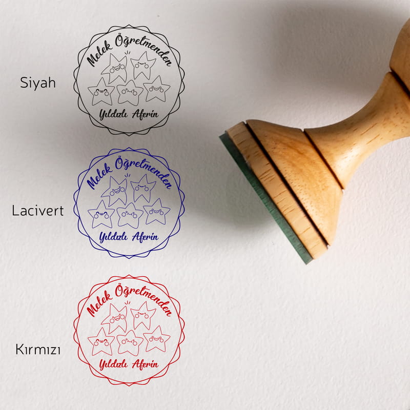 Yıldızlı Aferin Tasarımlı Öğretmene Hediye Ahşap Mühür Seti