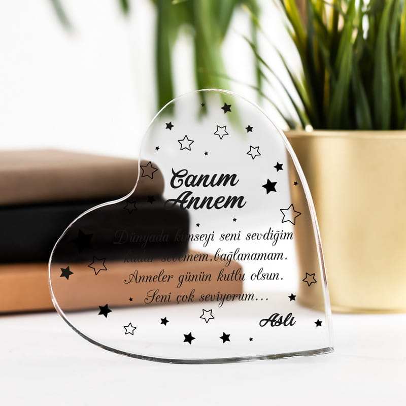 Anneye Hediye Mesajlı Dekoratif Kalp Akrilik