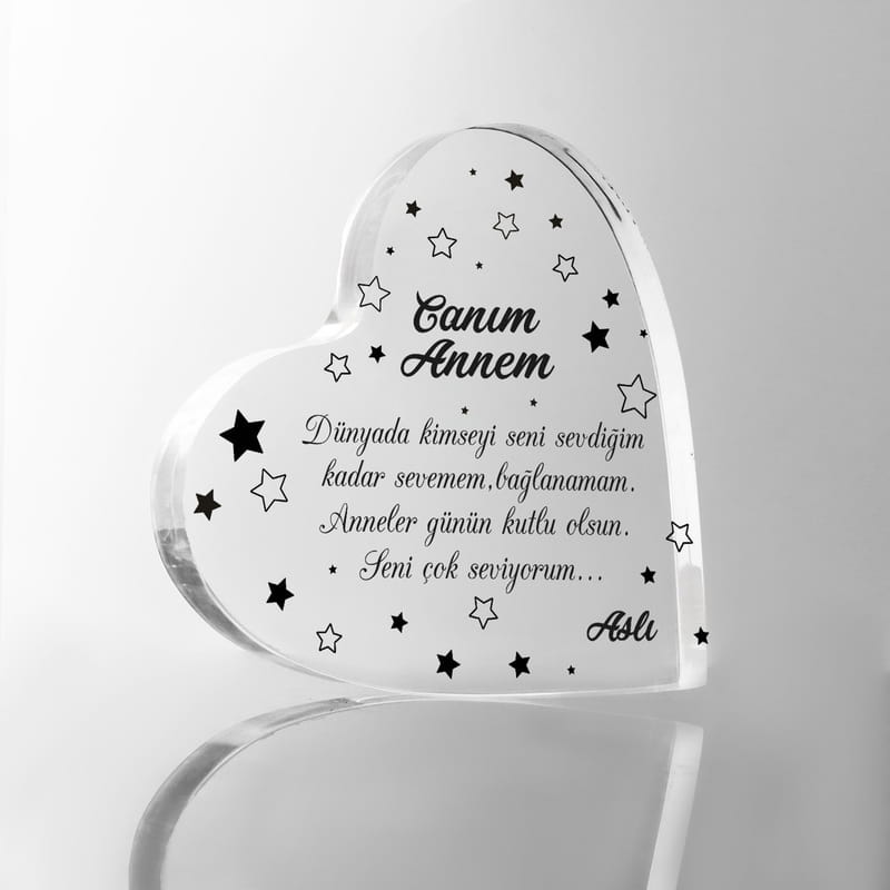 Anneye Hediye Mesajlı Dekoratif Kalp Akrilik