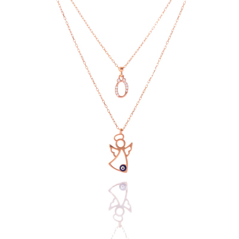 Anneye Melek Figürlü Çift Zincir Harfli Gümüş Kolye