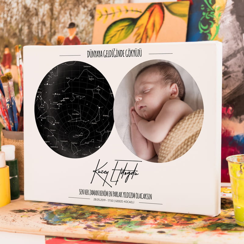 Bebek Doğum Hediyesi Fotoğraflı Yıldız Haritası Kanvas Tablo - 30x40