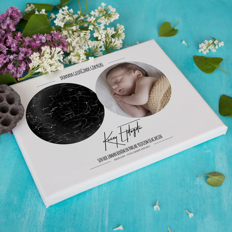 Bebek Doğum Hediyesi Fotoğraflı Yıldız Haritası Kanvas Tablo - 30x40