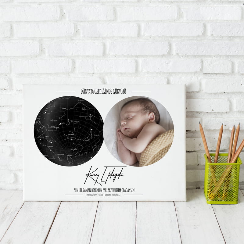 Bebek Doğum Hediyesi Fotoğraflı Yıldız Haritası Kanvas Tablo - 30x40