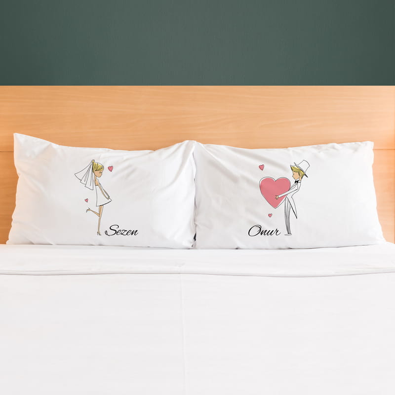Gelin Damat Tasarımlı İsim Yazılı 2li Yastık Kılıfı Seti	