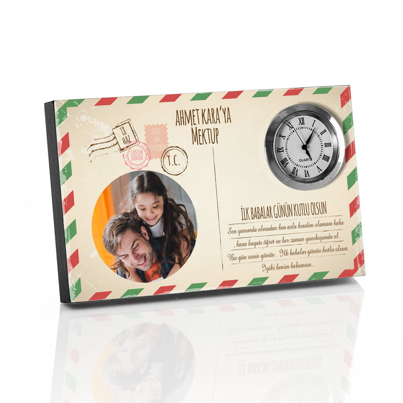 İlk Babalar Gününe Özel Mektup Tasarımlı Saatli Çerçeve
