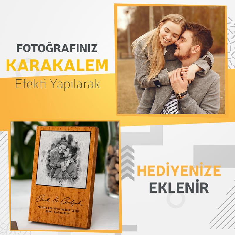 Karakalem Efektli Sevgiliye Hediye Masif Çerçeve