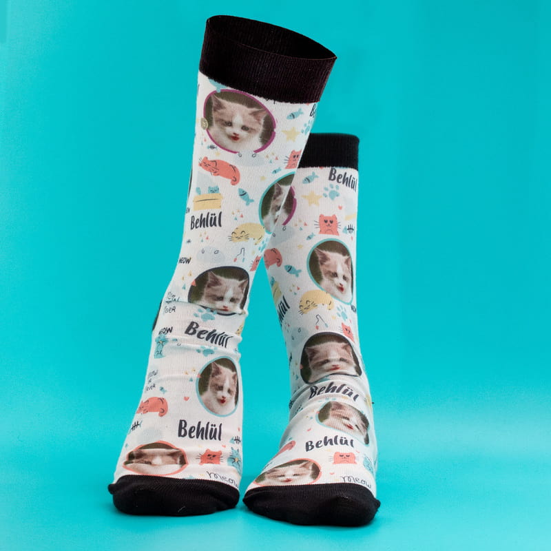 Kedinizin Fotoğrafı ve İsmi Baskılı Esprili Çorap