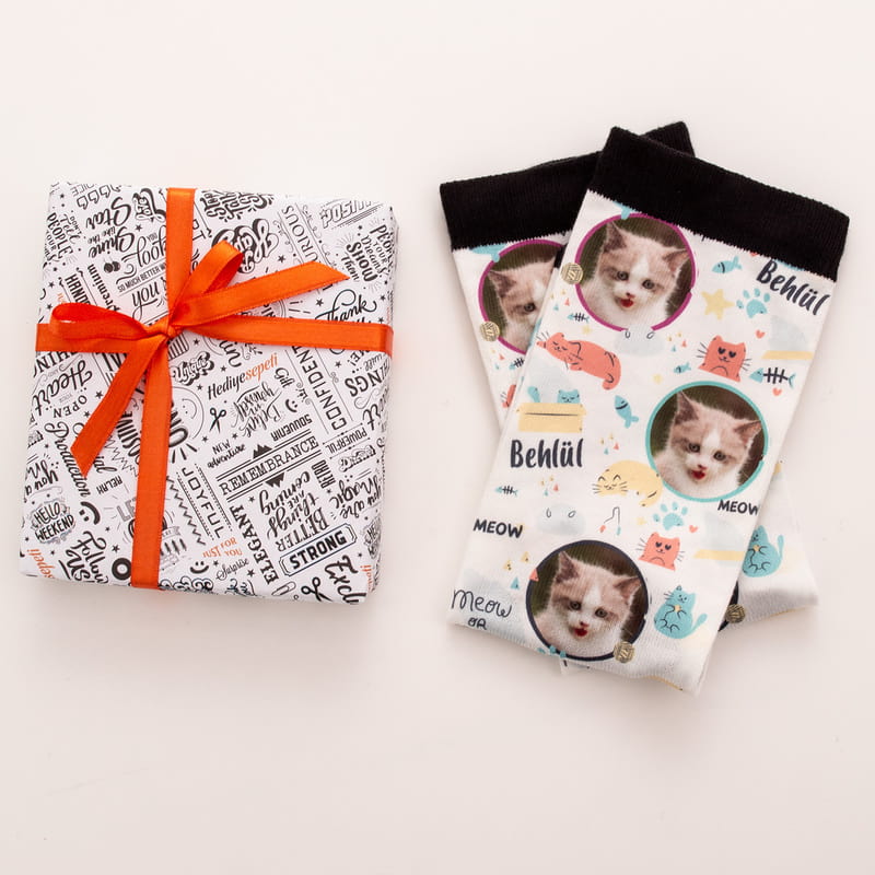 Kedinizin Fotoğrafı ve İsmi Baskılı Esprili Çorap