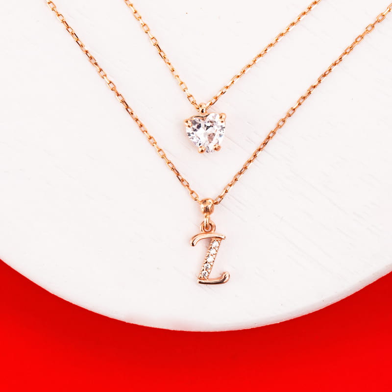 Kişiye Özel Harfli Kalp Taş Çift Zincir Gümüş Kolye