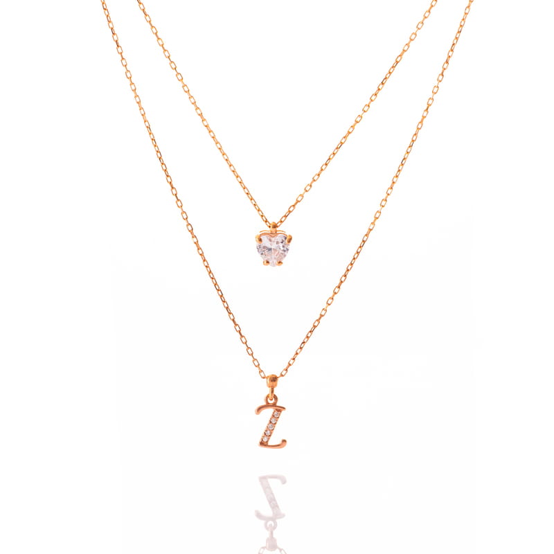 Kişiye Özel Harfli Kalp Taş Çift Zincir Gümüş Kolye