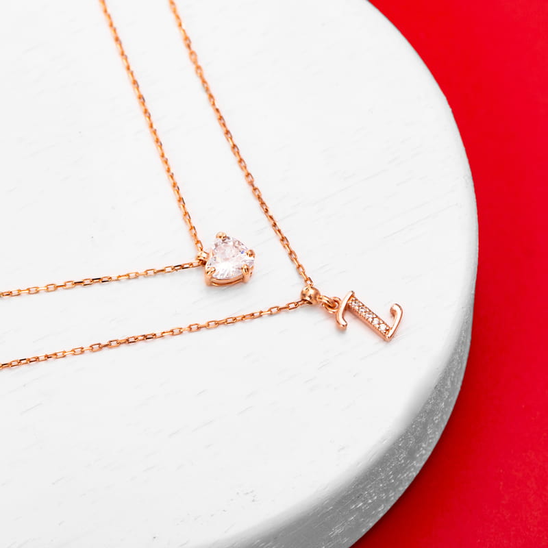 Kişiye Özel Harfli Kalp Taş Çift Zincir Gümüş Kolye