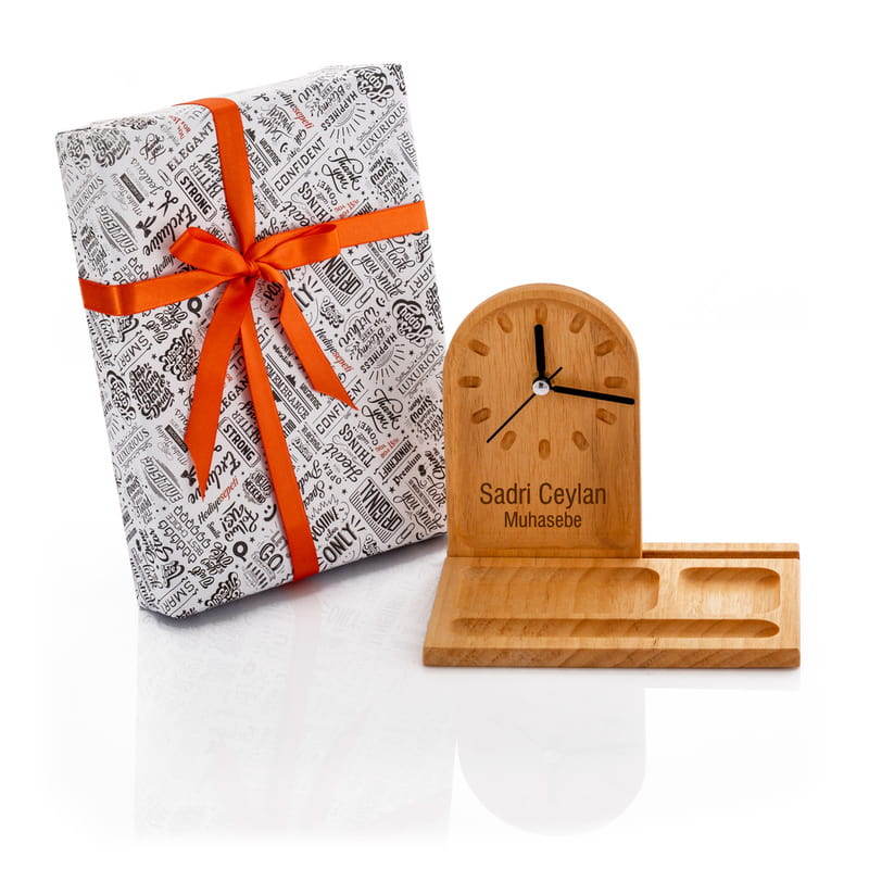 Kişiye Özel Saatli Masaüstü Ahşap Organizer