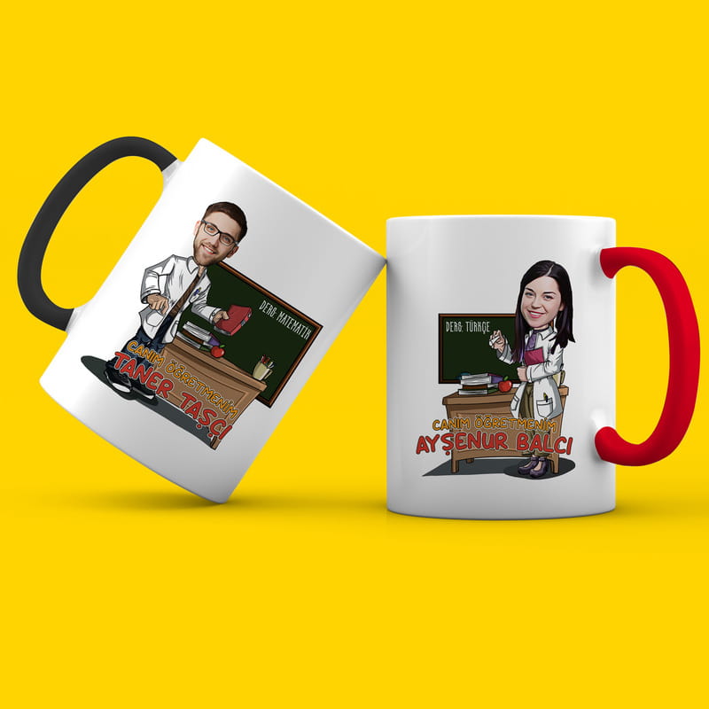 Öğretmenler Günü Hediyesi Karikatür Tasarımlı Renkli Kupa