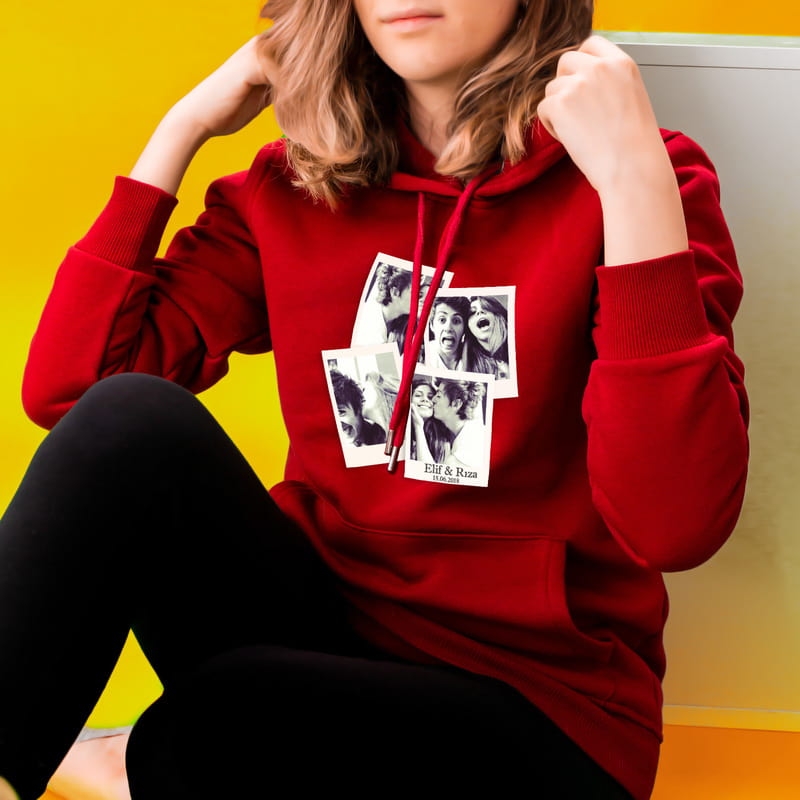 Pola Kart Fotoğraf Baskılı Kapşonlu Sweatshirt - %100 Pamuklu Kumaş