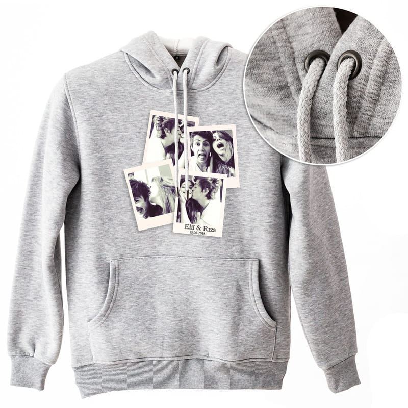Pola Kart Fotoğraf Baskılı Kapşonlu Sweatshirt - %100 Pamuklu Kumaş