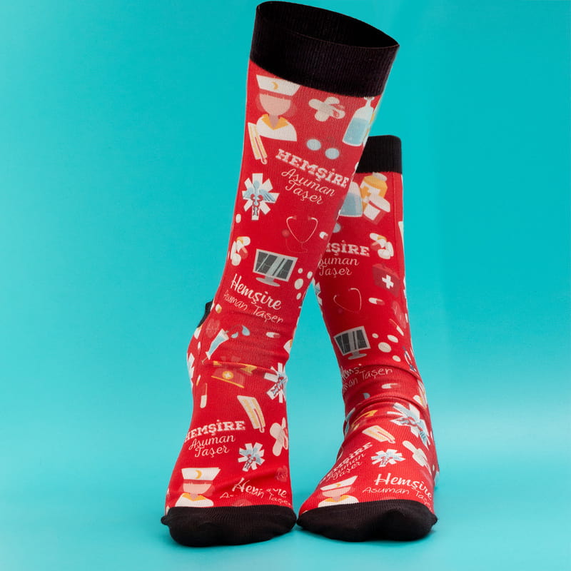 Sağlık Çalışanı Hemşirelere Özel İsim Baskılı Esprili Çorap